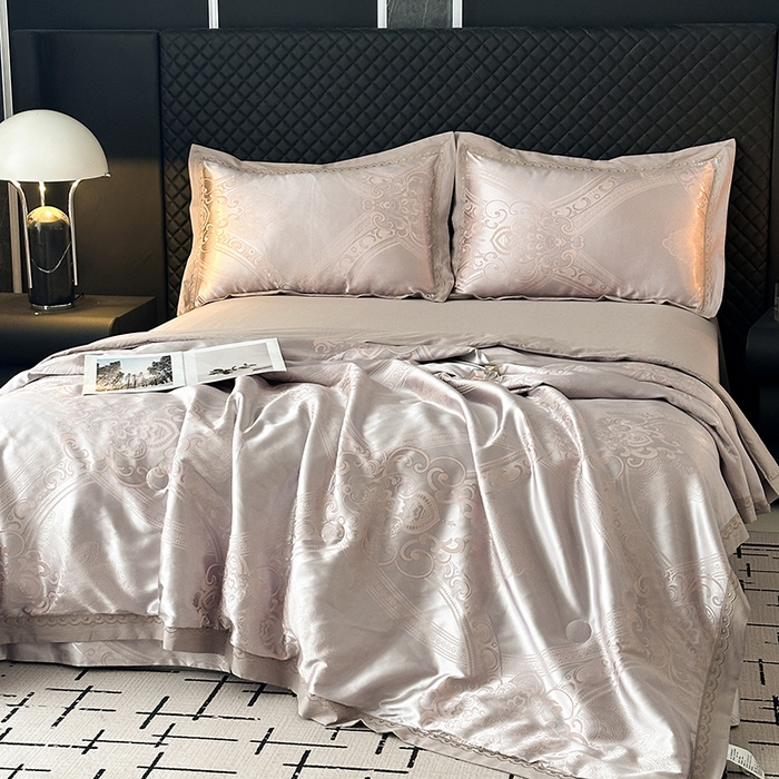 91家纺网 家纺一手货源 找家纺 莉迪娅 2026新款全棉纯棉贡缎提花夏被夏凉被空调被四件套 轻奢时尚银咖