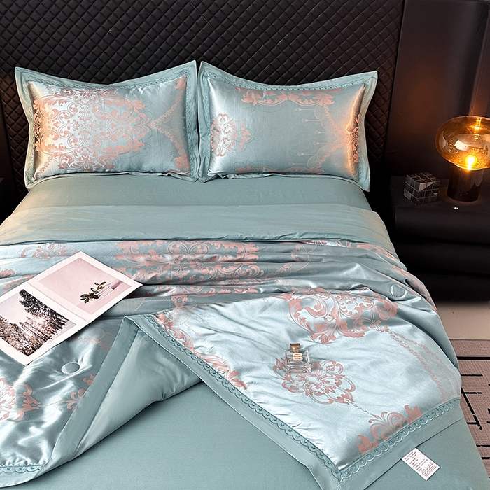 91家纺网 家纺一手货源 找家纺 莉迪娅 2026新款全棉纯棉贡缎提花夏被夏凉被空调被四件套 黛菲儿兰驼