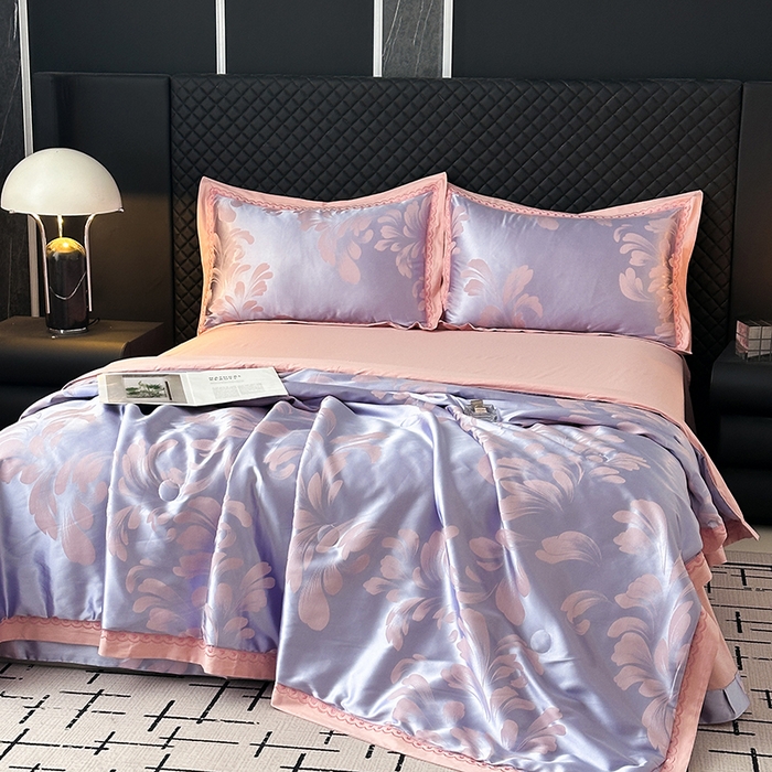 91家纺网 家纺一手货源 找家纺 莉迪娅 2026新款全棉纯棉贡缎提花夏被夏凉被空调被四件套 叶语浪漫浅紫