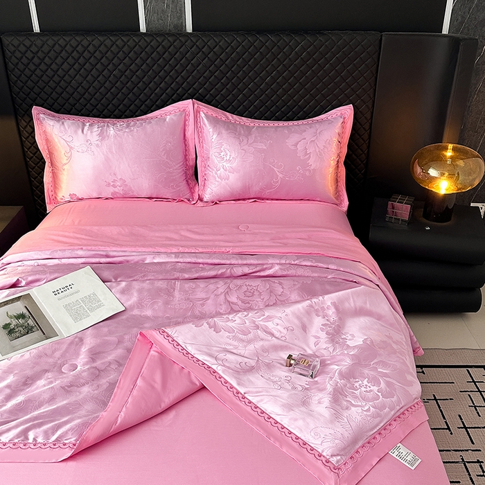 91家纺网 家纺一手货源 找家纺 莉迪娅 2026新款全棉纯棉贡缎提花夏被夏凉被空调被四件套 鸟语花香粉