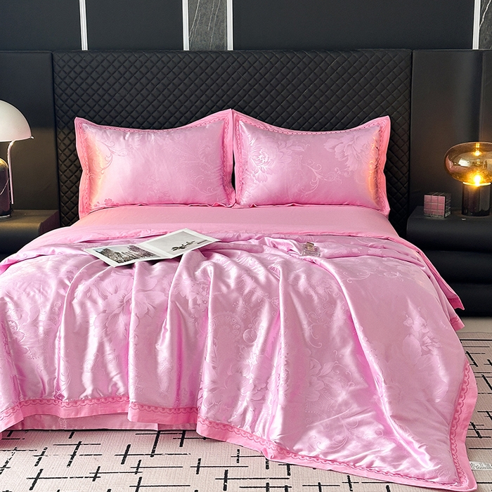 91家纺网 家纺一手货源 找家纺 莉迪娅 2026新款全棉纯棉贡缎提花夏被夏凉被空调被四件套 鸟语花香粉