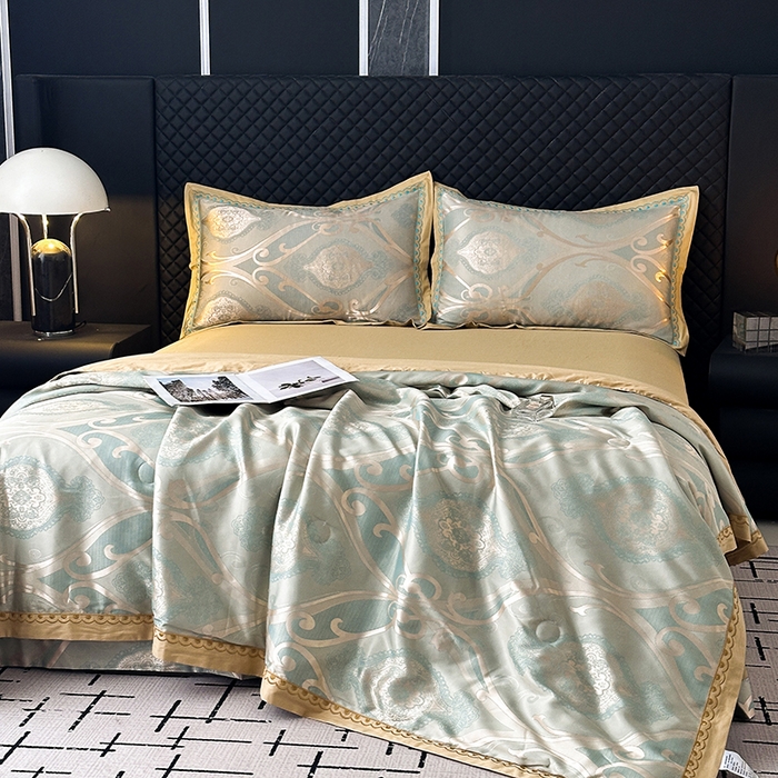 91家纺网 家纺一手货源 找家纺 莉迪娅 2026新款全棉纯棉贡缎提花夏被夏凉被空调被四件套 摩卡金兰