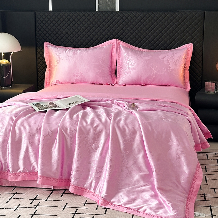 91家纺网 家纺一手货源 找家纺 莉迪娅 2026新款全棉纯棉贡缎提花夏被夏凉被空调被四件套 鸟语花香粉