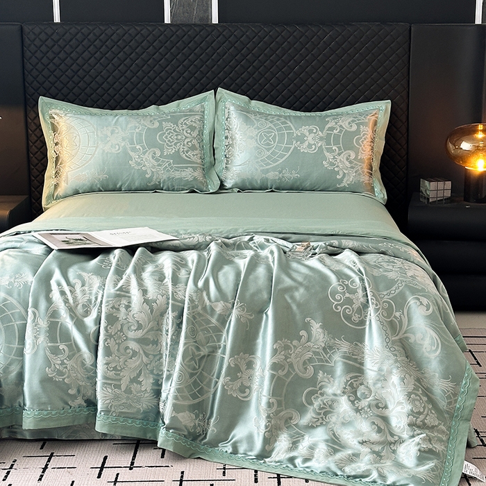 91家纺网 家纺一手货源 找家纺 莉迪娅 2026新款全棉纯棉贡缎提花夏被夏凉被空调被四件套 清凉一夏水绿