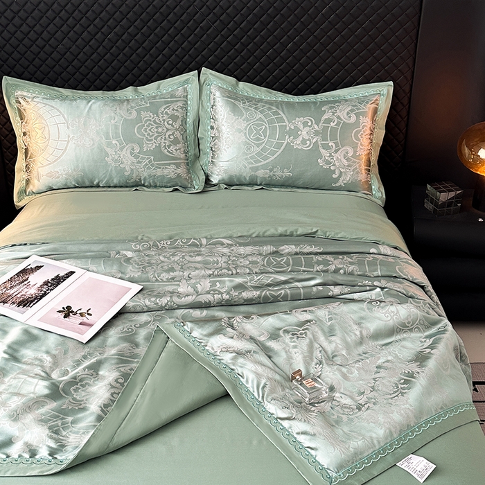 91家纺网 家纺一手货源 找家纺 莉迪娅 2026新款全棉纯棉贡缎提花夏被夏凉被空调被四件套 清凉一夏水绿
