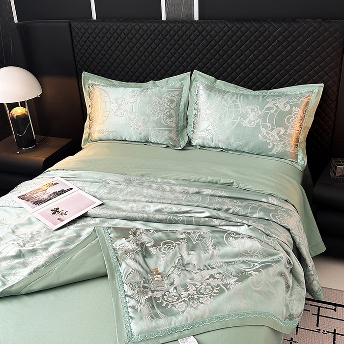 91家纺网 家纺一手货源 找家纺 莉迪娅 2026新款全棉纯棉贡缎提花夏被夏凉被空调被四件套 清凉一夏水绿