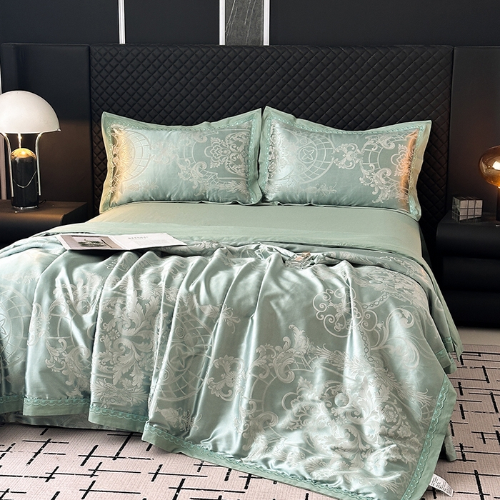 91家纺网 家纺一手货源 找家纺 莉迪娅 2026新款全棉纯棉贡缎提花夏被夏凉被空调被四件套 清凉一夏水绿