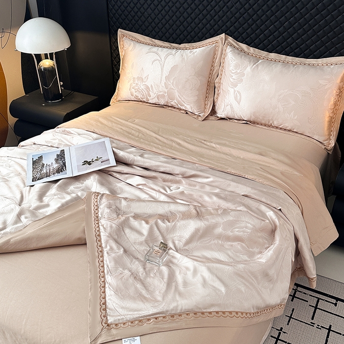 91家纺网 家纺一手货源 找家纺 莉迪娅 2026新款全棉纯棉贡缎提花夏被夏凉被空调被四件套 曼陀罗香槟