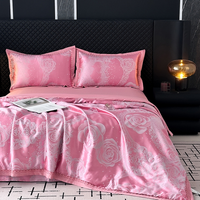 91家纺网 家纺一手货源 找家纺 莉迪娅 2026新款全棉纯棉贡缎提花夏被夏凉被空调被四件套 花逸芳心豆沙