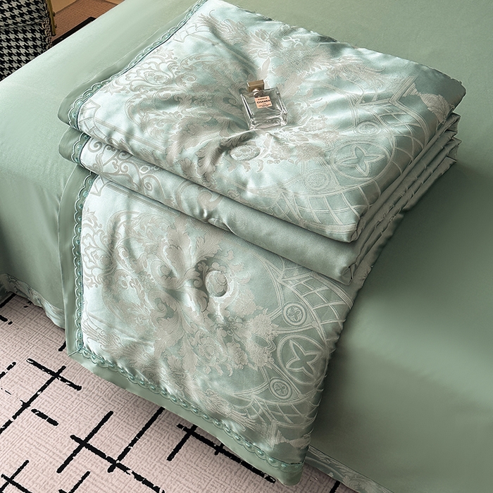 91家纺网 家纺一手货源 找家纺 莉迪娅 2026新款全棉纯棉贡缎提花夏被夏凉被空调被四件套 清凉一夏水绿