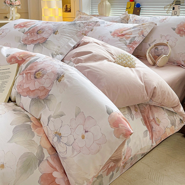 91家纺网 家纺一手货源 找家纺 大柏树 2026新款全棉纯棉13376印花四件套 云纱粉