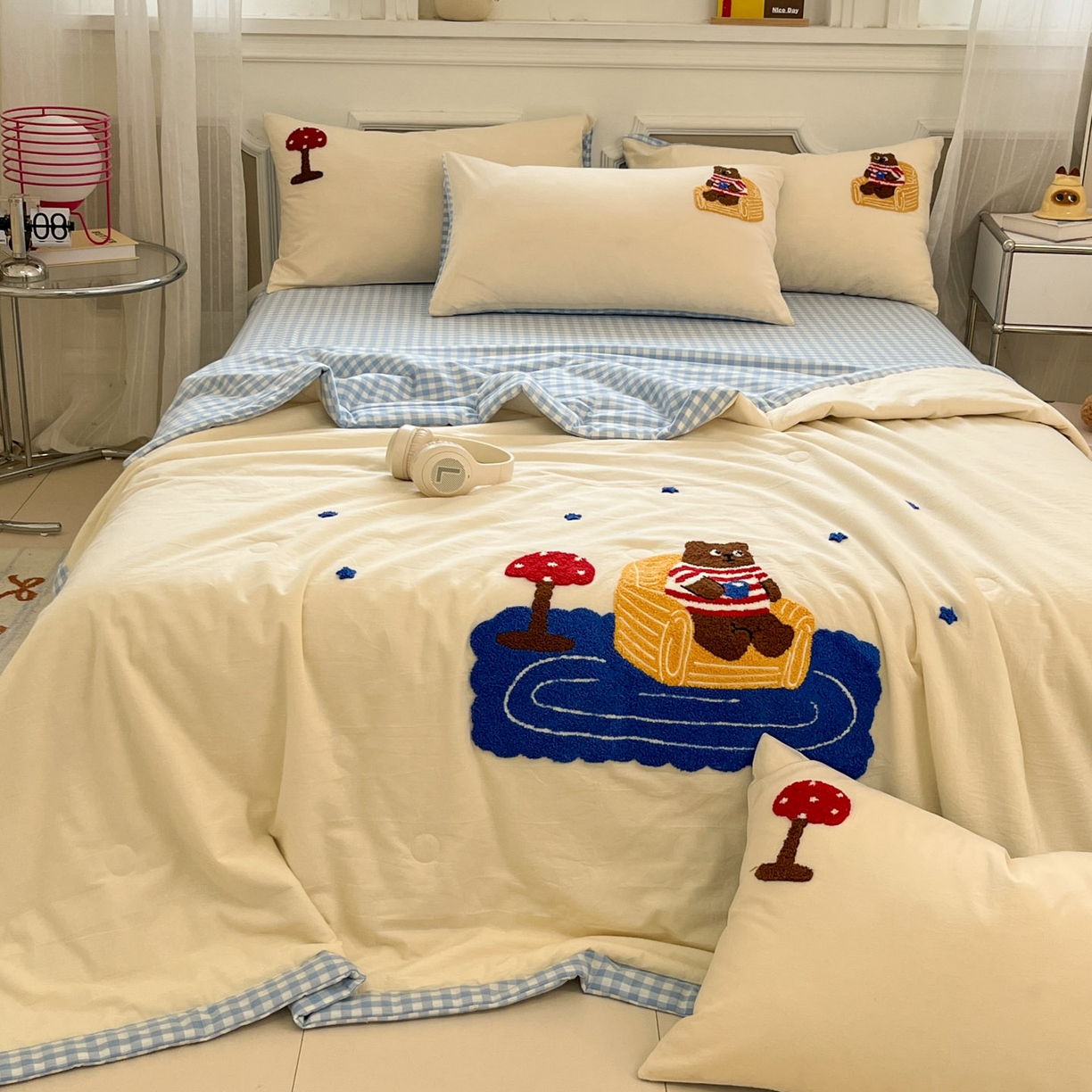 91家纺网 家纺一手货源 找家纺 （总）一加一 2026新款全棉色织水洗棉毛巾绣大豆夏被夏凉被空调被四件套-闲趣小熊