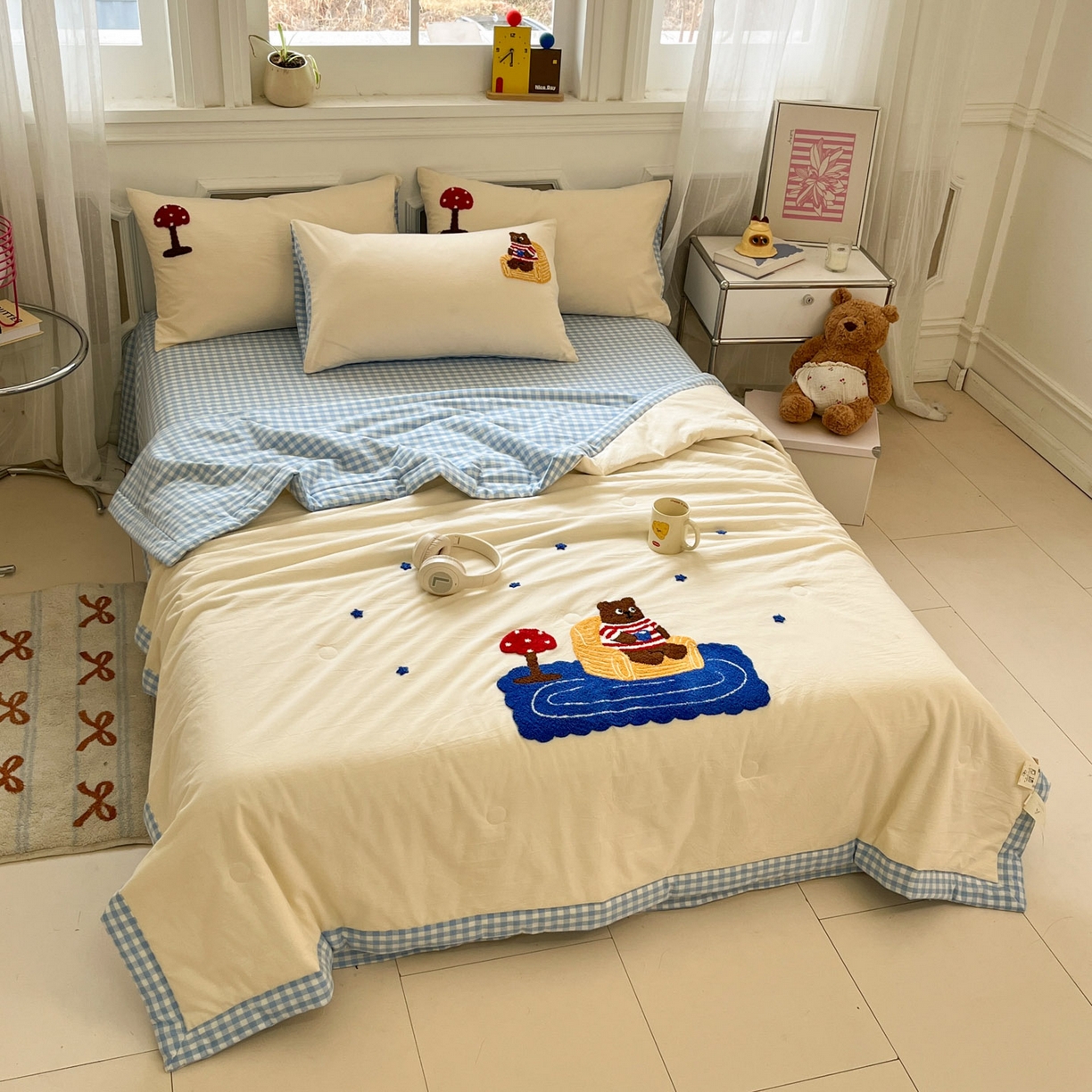 91家纺网 家纺一手货源 找家纺 （总）一加一 2026新款全棉色织水洗棉毛巾绣大豆夏被夏凉被空调被四件套-闲趣小熊