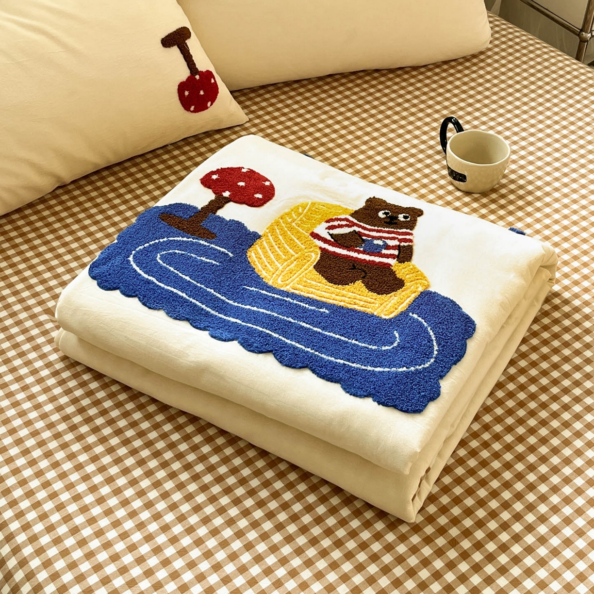 91家纺网 家纺一手货源 找家纺 （总）一加一 2026新款全棉色织水洗棉毛巾绣大豆夏被夏凉被空调被四件套-闲趣小熊