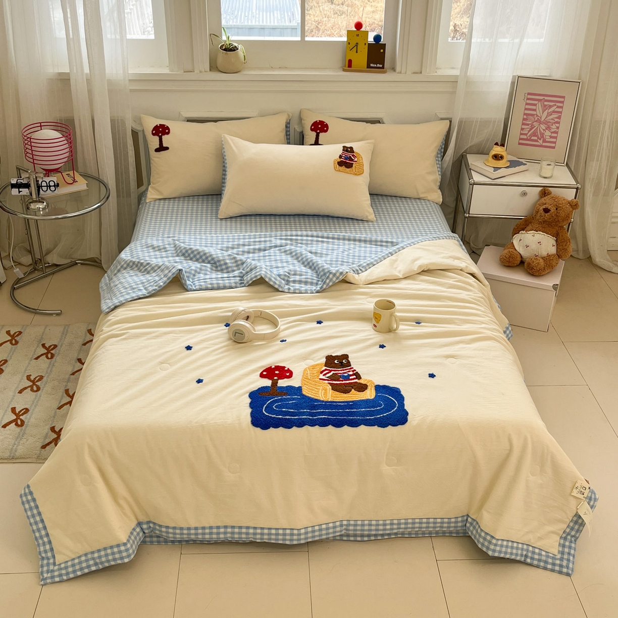 91家纺网 家纺一手货源 找家纺 （总）一加一 2026新款全棉色织水洗棉毛巾绣大豆夏被夏凉被空调被四件套-闲趣小熊