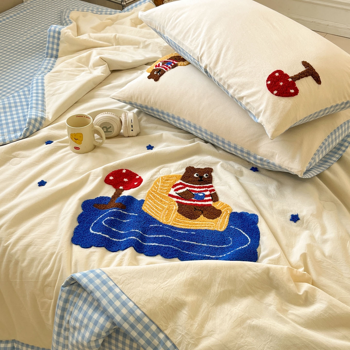 91家纺网 家纺一手货源 找家纺 （总）一加一 2026新款全棉色织水洗棉毛巾绣大豆夏被夏凉被空调被四件套-闲趣小熊