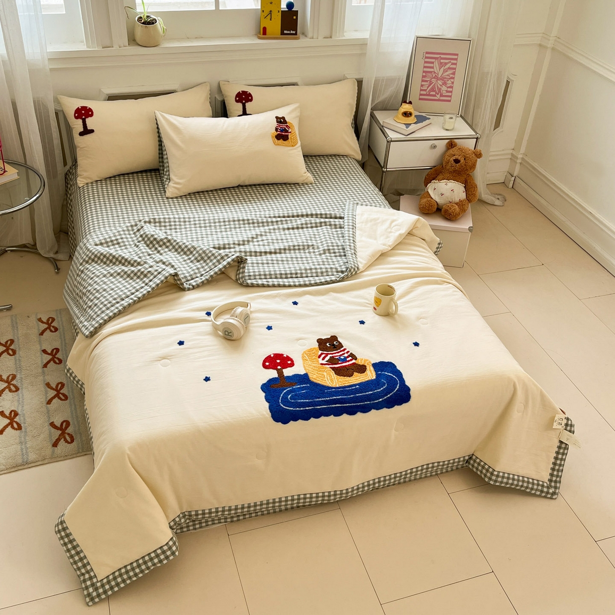 91家纺网 家纺一手货源 找家纺 一加一 2026新款全棉色织水洗棉毛巾绣大豆夏被夏凉被空调被四件套-闲趣小熊 闲趣小熊-格小绿