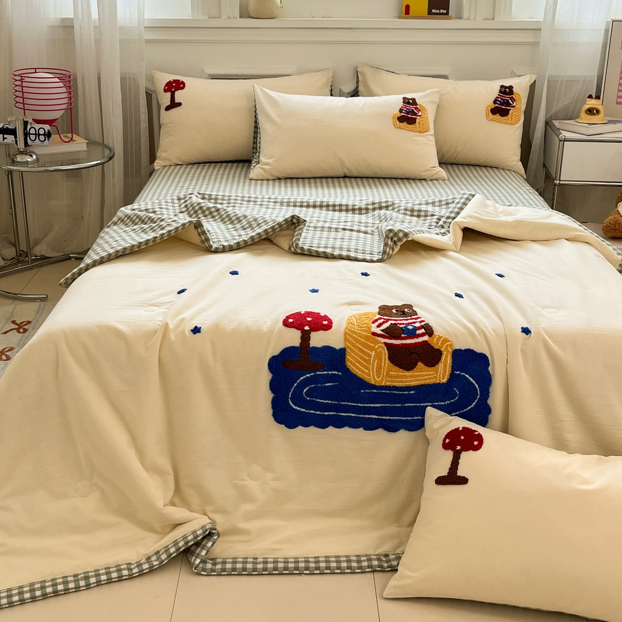 91家纺网 家纺一手货源 找家纺 一加一 2026新款全棉色织水洗棉毛巾绣大豆夏被夏凉被空调被四件套-闲趣小熊 闲趣小熊-格小绿