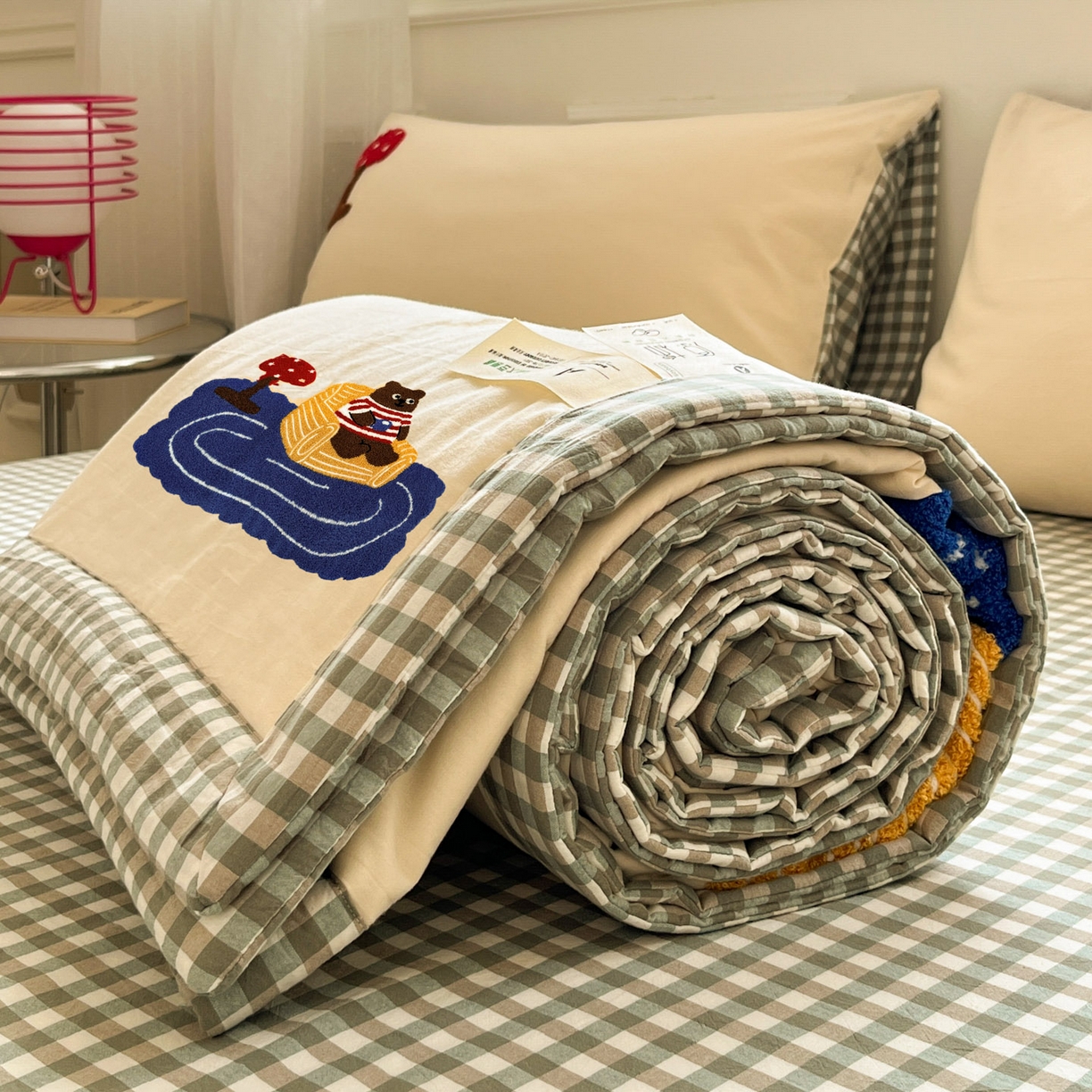 91家纺网 家纺一手货源 找家纺 一加一 2026新款全棉色织水洗棉毛巾绣大豆夏被夏凉被空调被四件套-闲趣小熊 闲趣小熊-格小绿