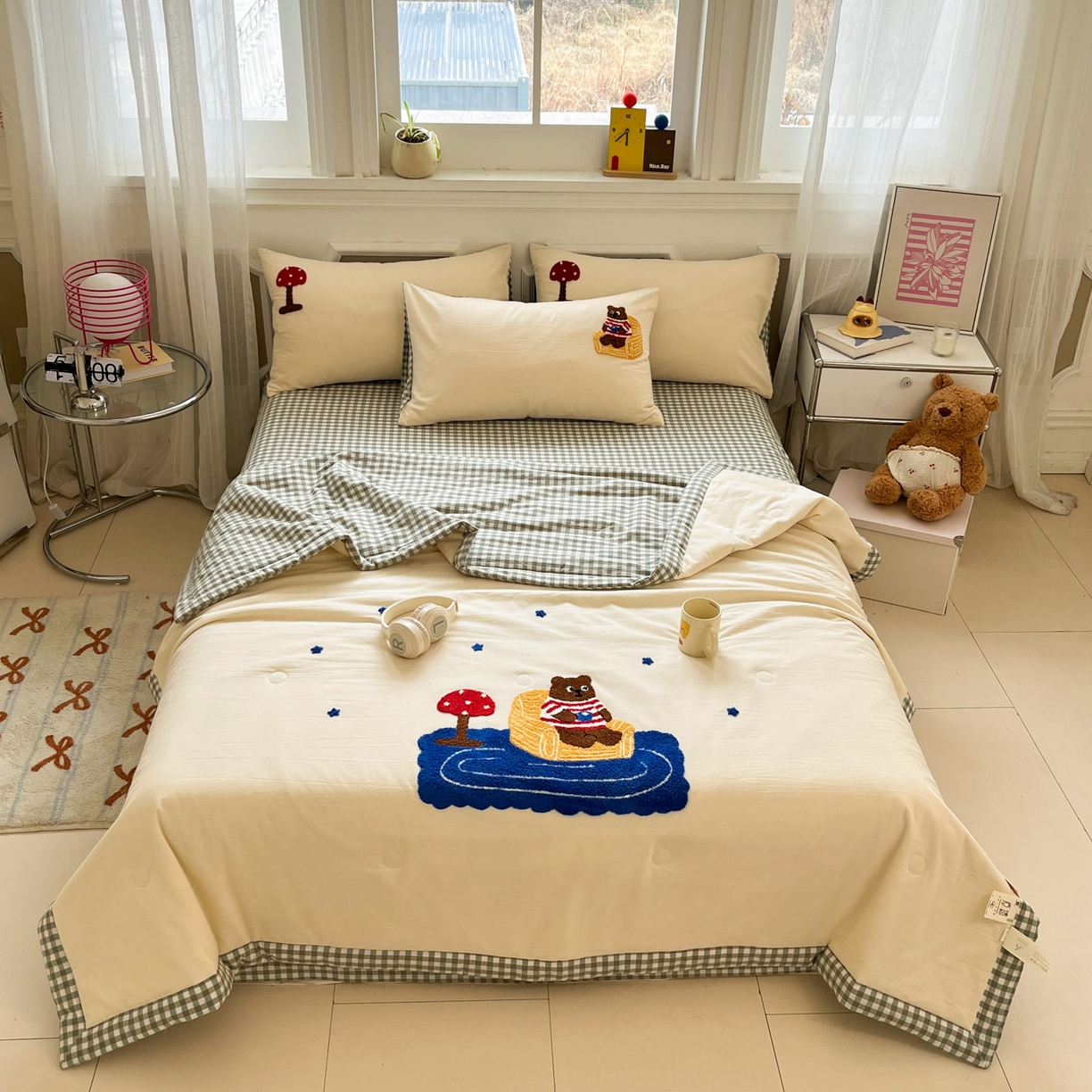 91家纺网 家纺一手货源 找家纺 一加一 2026新款全棉色织水洗棉毛巾绣大豆夏被夏凉被空调被四件套-闲趣小熊 闲趣小熊-格小绿