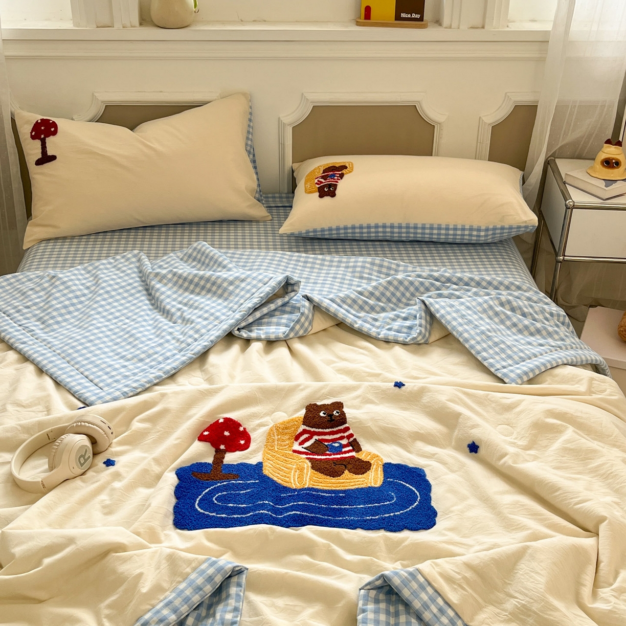 91家纺网 家纺一手货源 找家纺 一加一 2026新款全棉色织水洗棉毛巾绣大豆夏被夏凉被空调被四件套-闲趣小熊 闲趣小熊-格小蓝