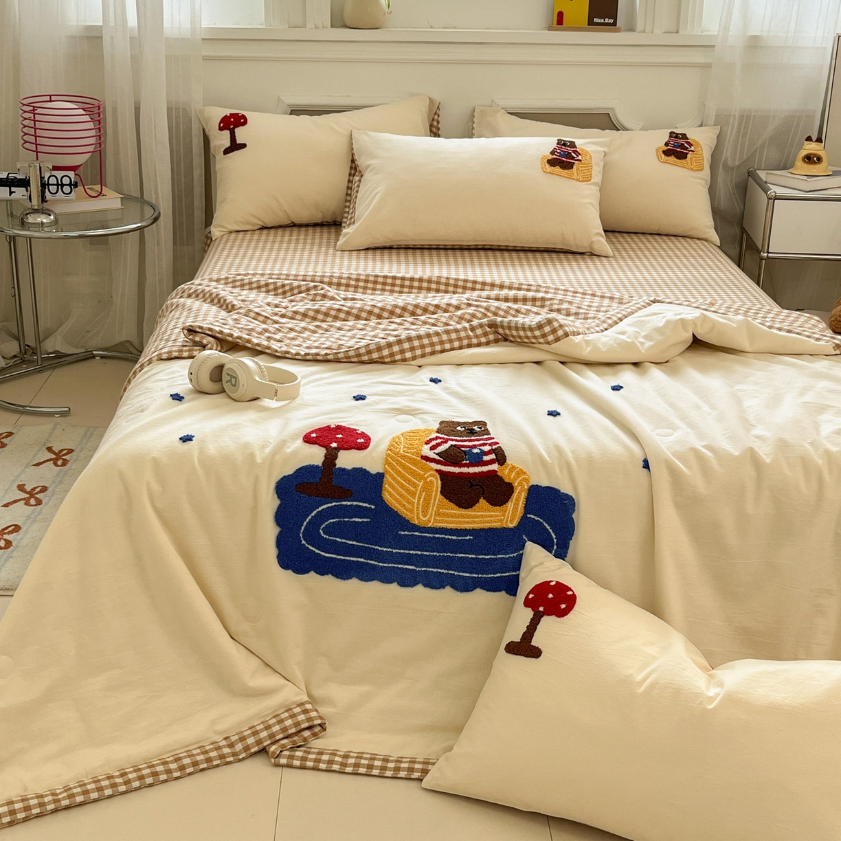 91家纺网 家纺一手货源 找家纺 一加一 2026新款全棉色织水洗棉毛巾绣大豆夏被夏凉被空调被四件套-闲趣小熊 闲趣小熊-格小米