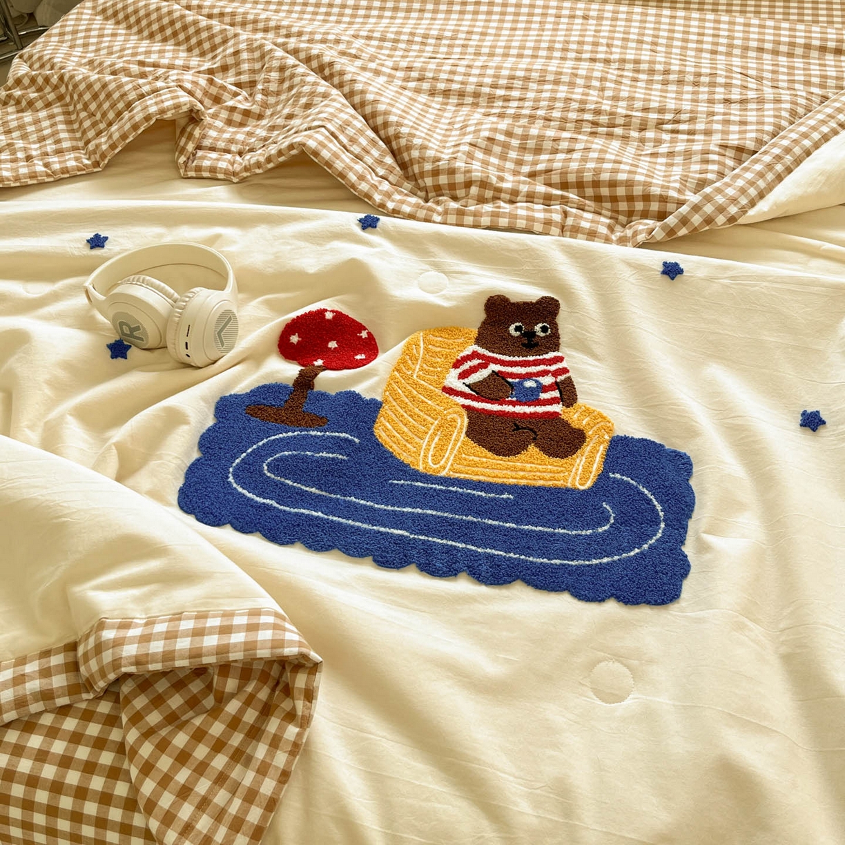 91家纺网 家纺一手货源 找家纺 一加一 2026新款全棉色织水洗棉毛巾绣大豆夏被夏凉被空调被四件套-闲趣小熊 闲趣小熊-格小米