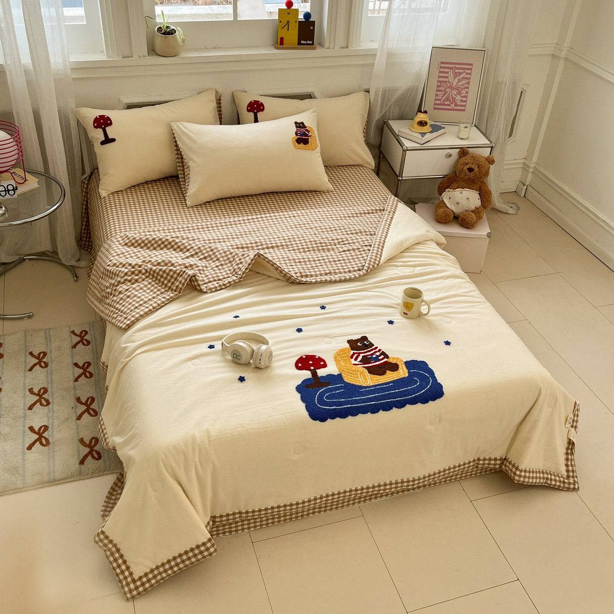 91家纺网 家纺一手货源 找家纺 一加一 2026新款全棉色织水洗棉毛巾绣大豆夏被夏凉被空调被四件套-闲趣小熊 闲趣小熊-格小米