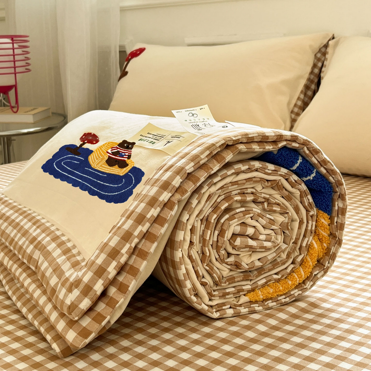 91家纺网 家纺一手货源 找家纺 一加一 2026新款全棉色织水洗棉毛巾绣大豆夏被夏凉被空调被四件套-闲趣小熊 闲趣小熊-格小米