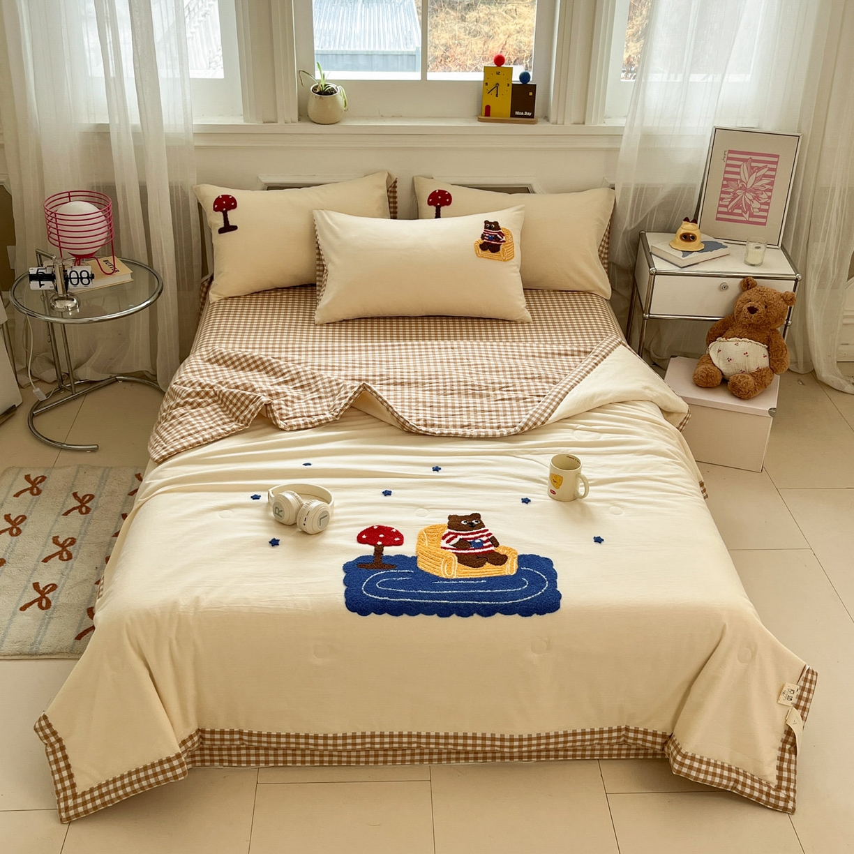 91家纺网 家纺一手货源 找家纺 一加一 2026新款全棉色织水洗棉毛巾绣大豆夏被夏凉被空调被四件套-闲趣小熊 闲趣小熊-格小米