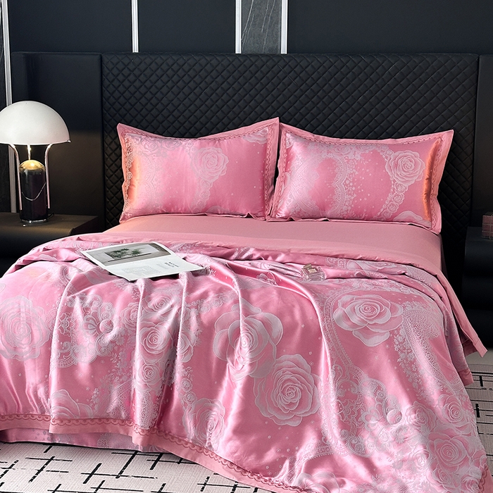 91家纺网 家纺一手货源 找家纺 莉迪娅 2026新款全棉纯棉贡缎提花夏被夏凉被空调被四件套 花逸芳心豆沙