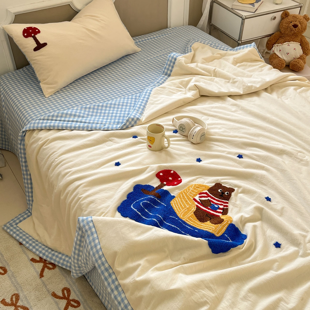 91家纺网 家纺一手货源 找家纺 一加一 2026新款全棉色织水洗棉毛巾绣大豆夏被夏凉被空调被四件套-闲趣小熊 闲趣小熊-格小蓝