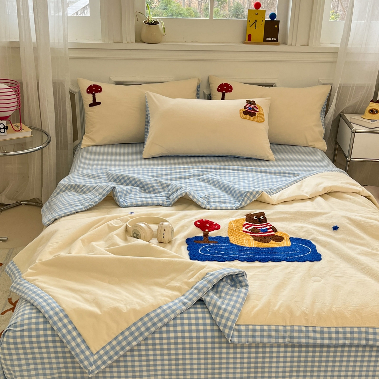 91家纺网 家纺一手货源 找家纺 一加一 2026新款全棉色织水洗棉毛巾绣大豆夏被夏凉被空调被四件套-闲趣小熊 闲趣小熊-格小蓝