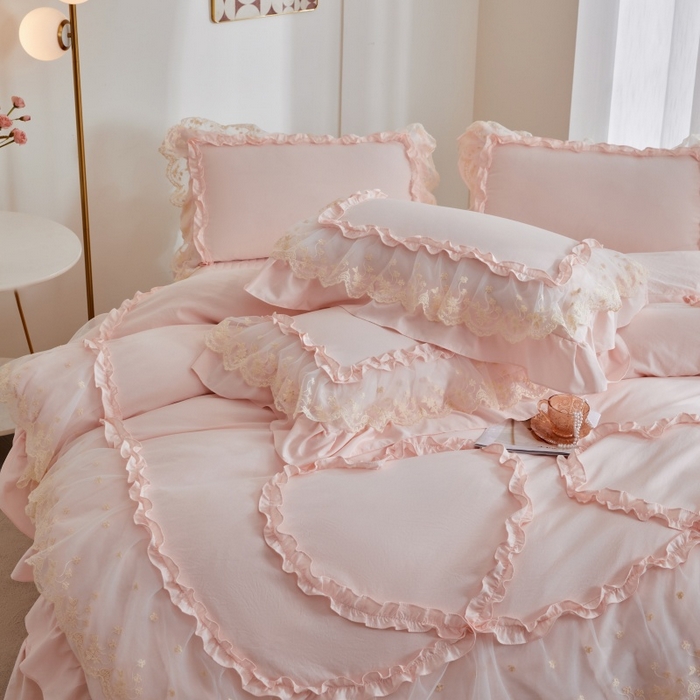 91家纺网 家纺一手货源 找家纺 （总）七里香 2026春夏新款加厚锦棉雪纺蕾丝法式仿棉床盖韩版公主风四件套