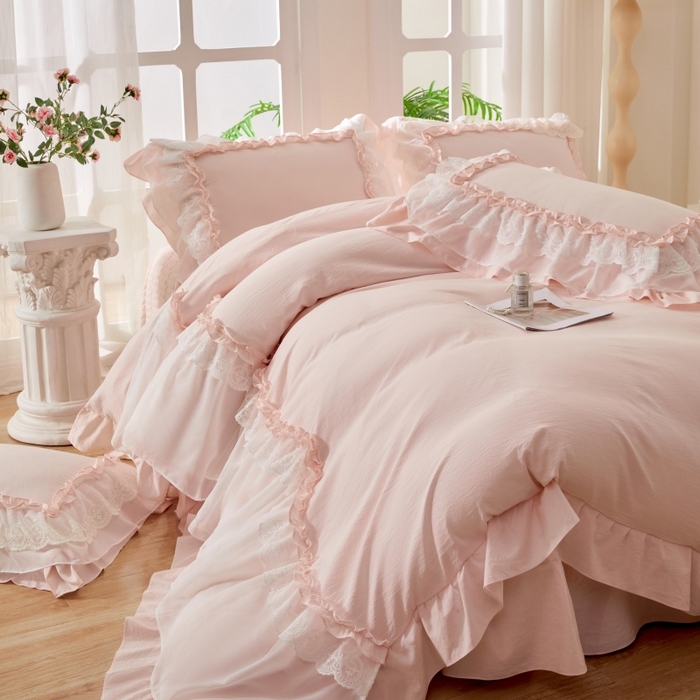 91家纺网 家纺一手货源 找家纺 （总）七里香 2026春夏新款加厚锦棉雪纺蕾丝法式仿棉床盖韩版公主风四件套