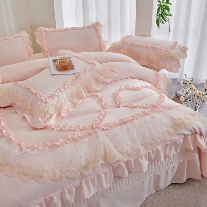 91家纺网 家纺一手货源 找家纺 （总）七里香 2026春夏新款加厚锦棉雪纺蕾丝法式仿棉床盖韩版公主风四件套