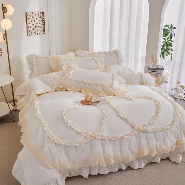 91家纺网 家纺一手货源 找家纺 （总）七里香 2026春夏新款加厚锦棉雪纺蕾丝法式仿棉床盖韩版公主风四件套