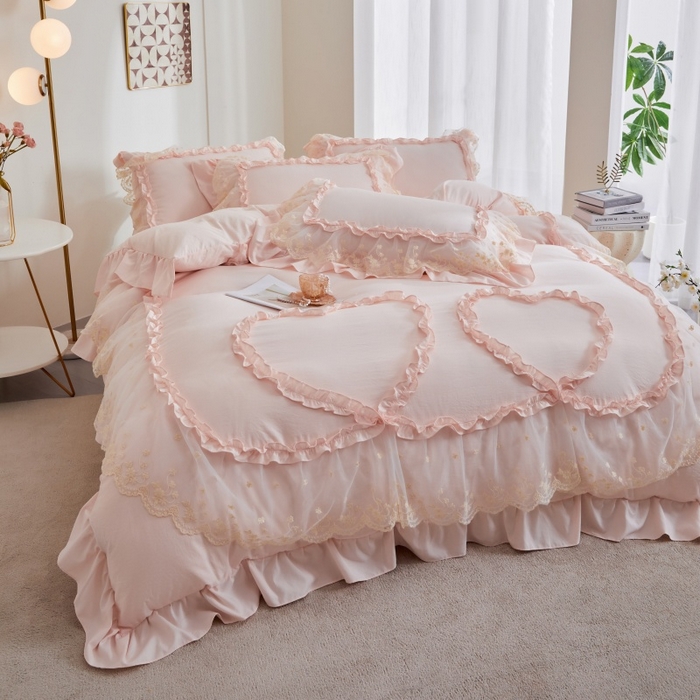 91家纺网 家纺一手货源 找家纺 （总）七里香 2026春夏新款加厚锦棉雪纺蕾丝法式仿棉床盖韩版公主风四件套