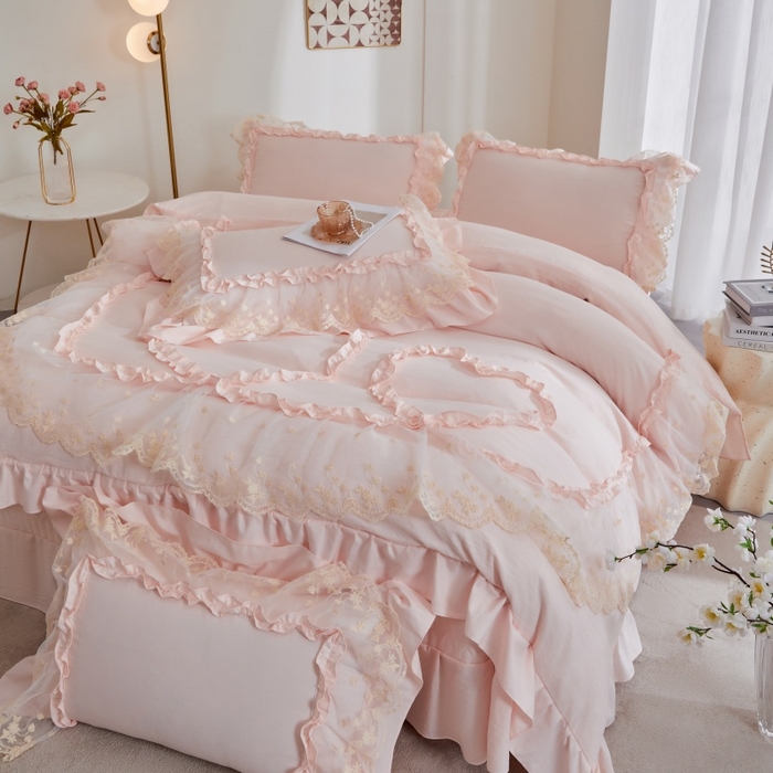 91家纺网 家纺一手货源 找家纺 （总）七里香 2026春夏新款加厚锦棉雪纺蕾丝法式仿棉床盖韩版公主风四件套