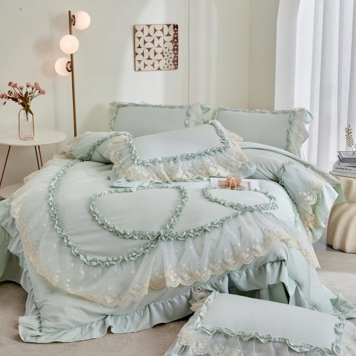 91家纺网 家纺一手货源 找家纺 七里香 2026春夏新款加厚锦棉雪纺蕾丝法式仿棉床盖韩版公主风四件套 心有所属-浅绿