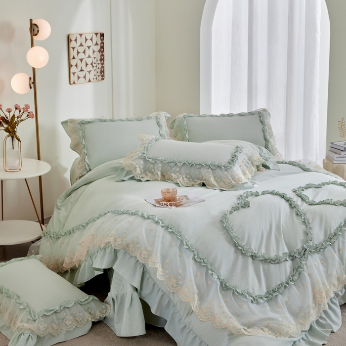 91家纺网 家纺一手货源 找家纺 七里香 2026春夏新款加厚锦棉雪纺蕾丝法式仿棉床盖韩版公主风四件套 心有所属-浅绿