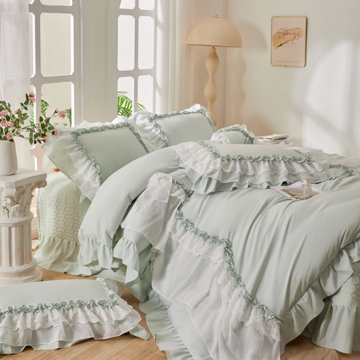 91家纺网 家纺一手货源 找家纺 七里香 2026春夏新款加厚锦棉雪纺蕾丝法式仿棉床盖韩版公主风四件套 知羽-浅绿