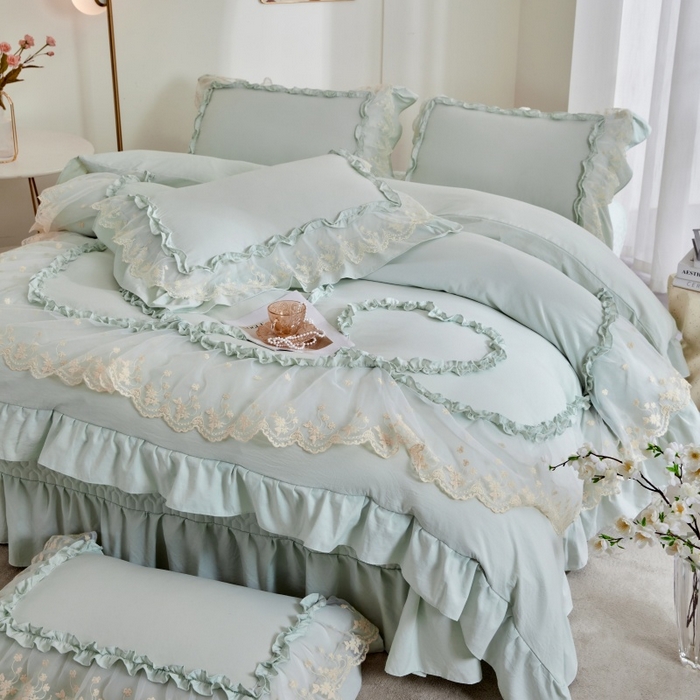 91家纺网 家纺一手货源 找家纺 七里香 2026春夏新款加厚锦棉雪纺蕾丝法式仿棉床盖韩版公主风四件套 心有所属-浅绿