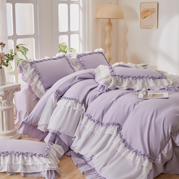 91家纺网 家纺一手货源 找家纺 七里香 2026春夏新款加厚锦棉雪纺蕾丝法式仿棉床盖韩版公主风四件套 知羽-紫色