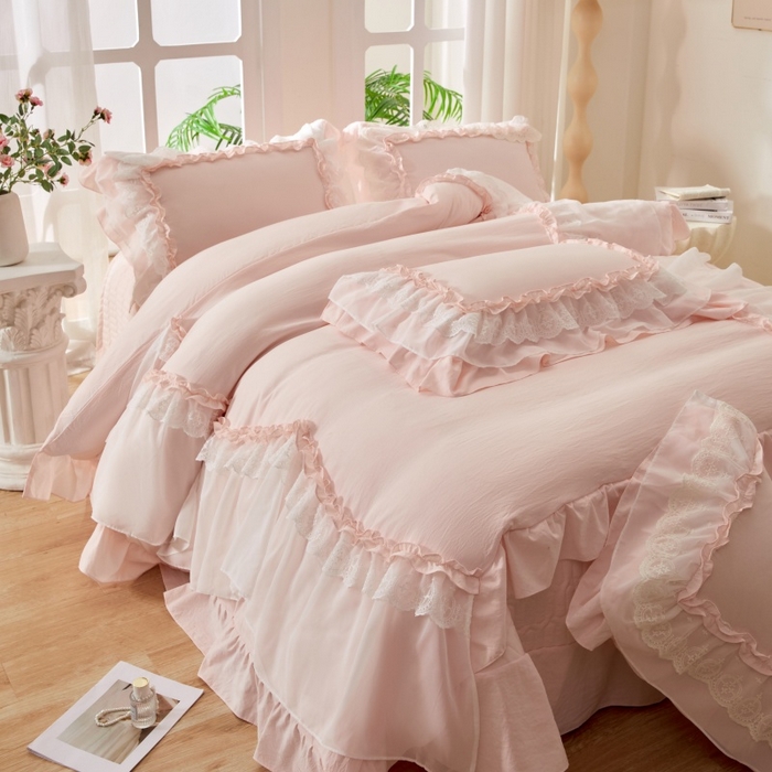 91家纺网 家纺一手货源 找家纺 七里香 2026春夏新款加厚锦棉雪纺蕾丝法式仿棉床盖韩版公主风四件套 知羽-粉玉