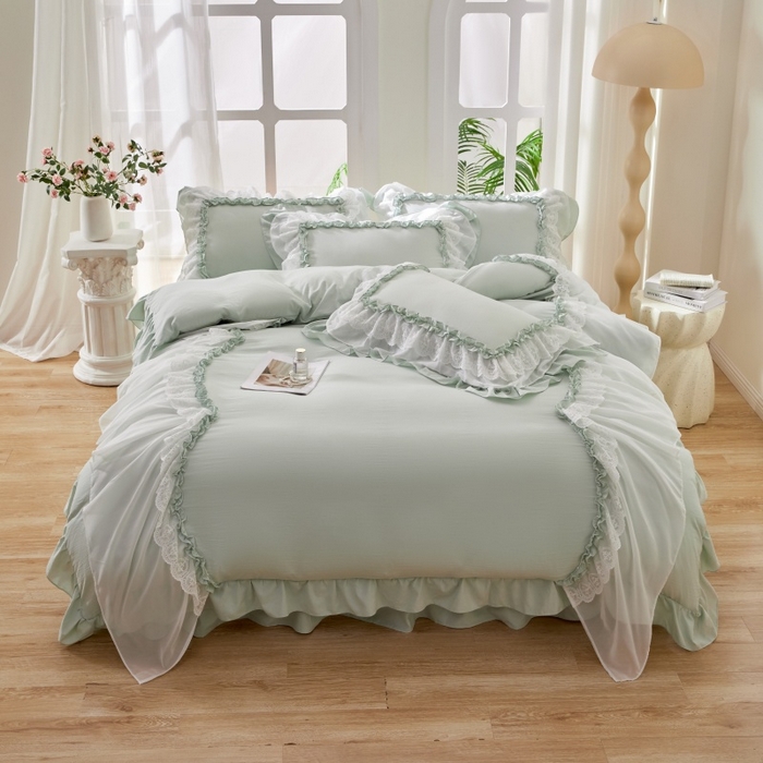 91家纺网 家纺一手货源 找家纺 七里香 2026春夏新款加厚锦棉雪纺蕾丝法式仿棉床盖韩版公主风四件套 知羽-浅绿