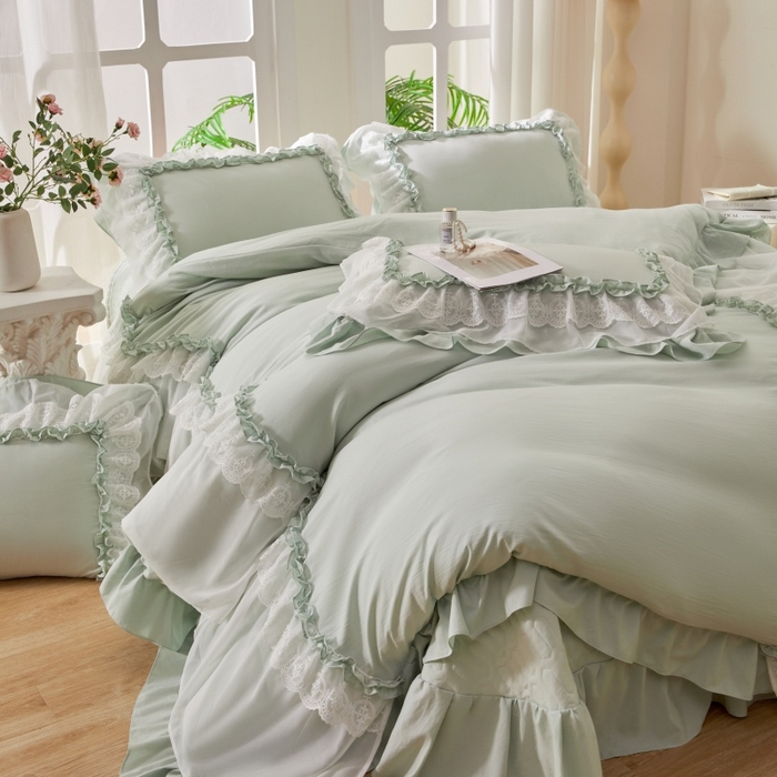 七里香 2026春夏新款加厚锦棉雪纺蕾丝法式仿棉床盖韩版公主风四件套 知羽-浅绿