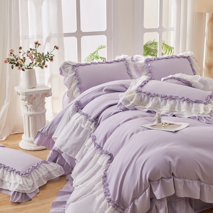 七里香 2026春夏新款加厚锦棉雪纺蕾丝法式仿棉床盖韩版公主风四件套 知羽-紫色