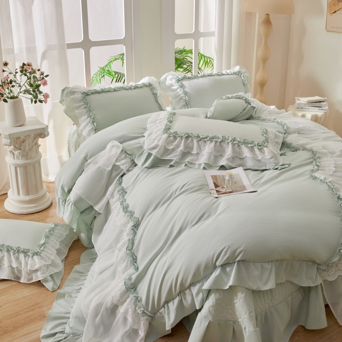 91家纺网 家纺一手货源 找家纺 七里香 2026春夏新款加厚锦棉雪纺蕾丝法式仿棉床盖韩版公主风四件套 知羽-浅绿