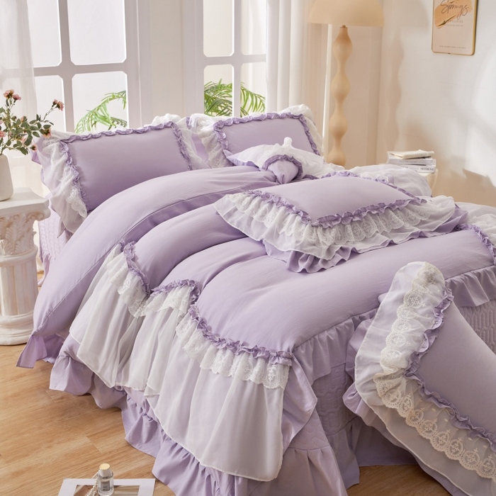 91家纺网 家纺一手货源 找家纺 七里香 2026春夏新款加厚锦棉雪纺蕾丝法式仿棉床盖韩版公主风四件套 知羽-紫色